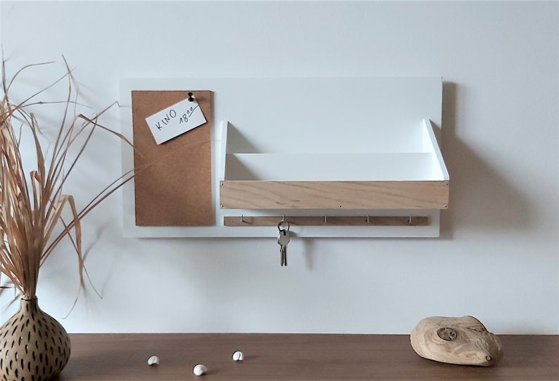 Wooden organizer, on the wall, white, natural oak, A4, cork board, for the office, for the hall, for documents, leaflets, for keys image 5