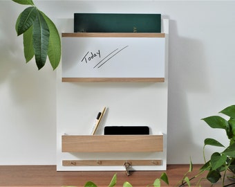 Wandorganizer + droog uitwisbaar bord, prikbord, whiteboard, wit en eiken