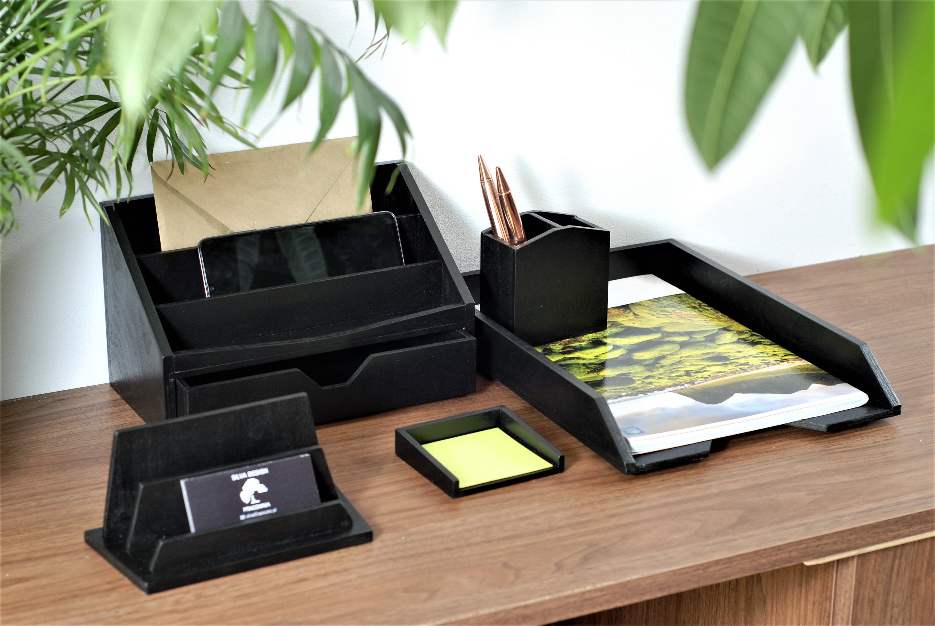 Wooden Desk Set, 5 Parts, Desk Organizer, Toolbox, Black, Desk Organizer,  Business Card Holder -  Israel