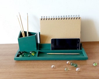 Desk organizer, wooden desk set, green, desk storage, modern , natural wood, elegant, pen stand, leaflet stand, home office organization,