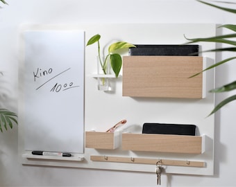 Wandorganizer + droog uitwisbaar bord, wit + natuurlijk eiken, whiteboard, prikbord, kantoor,