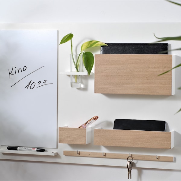 Wall organizer + dry erase board, white + natural oak, whiteboard, noticeboard, office,