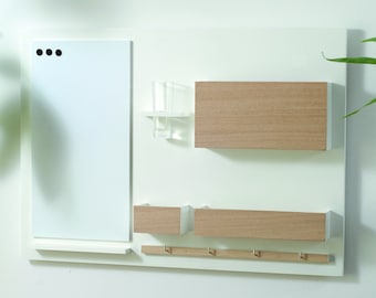 Organizador de pared, magnético + pizarra de borrado en seco, blanco + roble natural, tablón de anuncios, oficina,