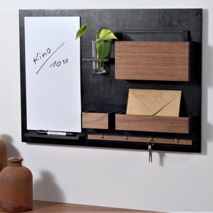 Wall organizer + dry erase board, black + walnut, whiteboard, noticeboard