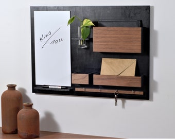 Wall organizer + dry erase board, black + walnut, whiteboard, noticeboard