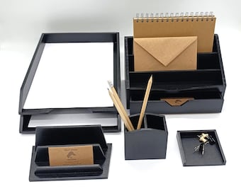 Set Schreibtischorganisatoren aus Holz, 6 Elemente, Schwarz