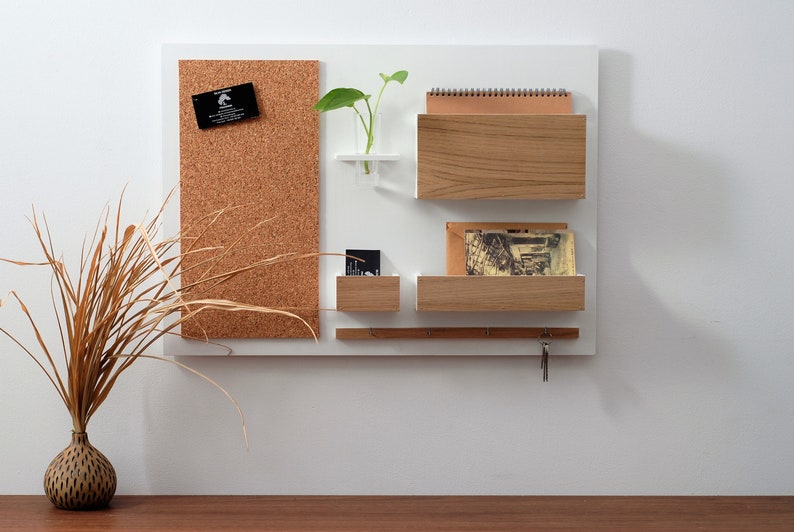 Organisateur de mur bois, blanc OAK, sur le mur, cintre pour les clés, courrier, tableau d'affichage, 63x45 cm image 3