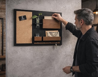 Wall Organizer: Black & Walnut Wooden Key Hanger with Pin Board