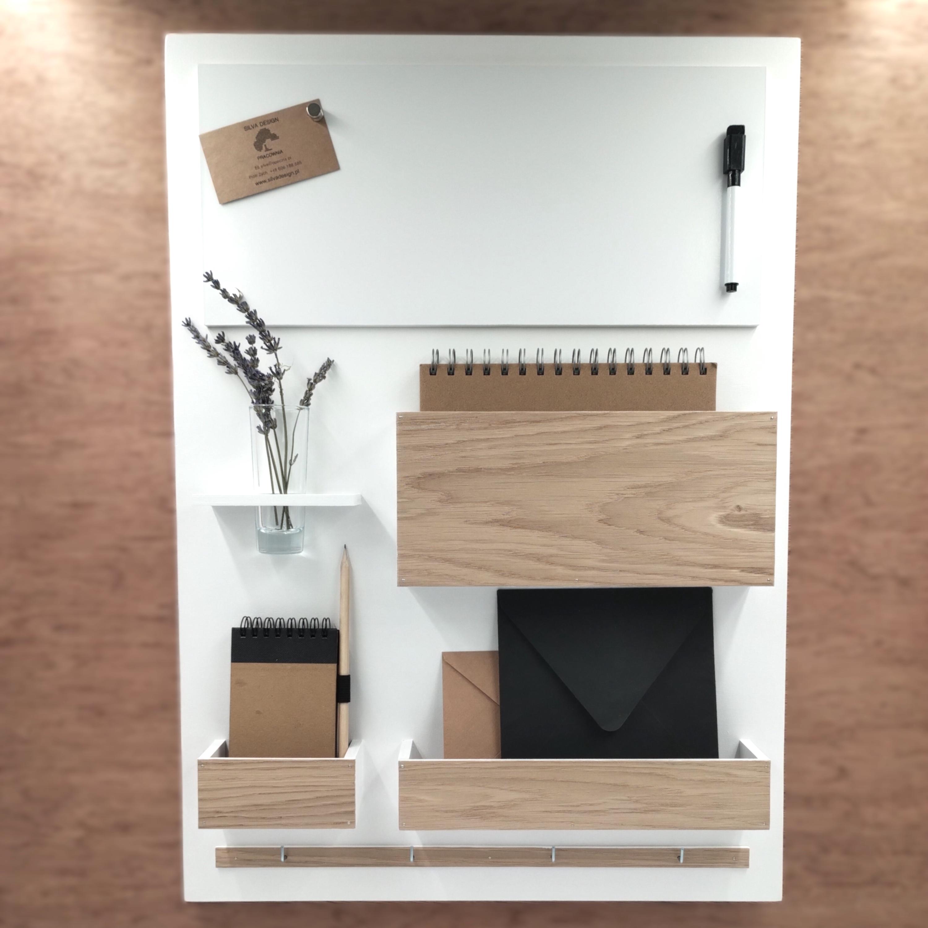 Wall organizer, magnetic + dry erase board, white + natural oak,