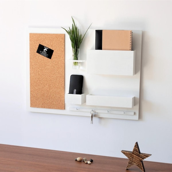 Wall organizer - wooden, for the wall, hanger for keys, mail, newspapers, cork board, white