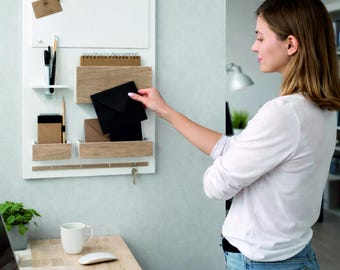 Wall organizer, magnetic + dry erase board, white + natural oak,
