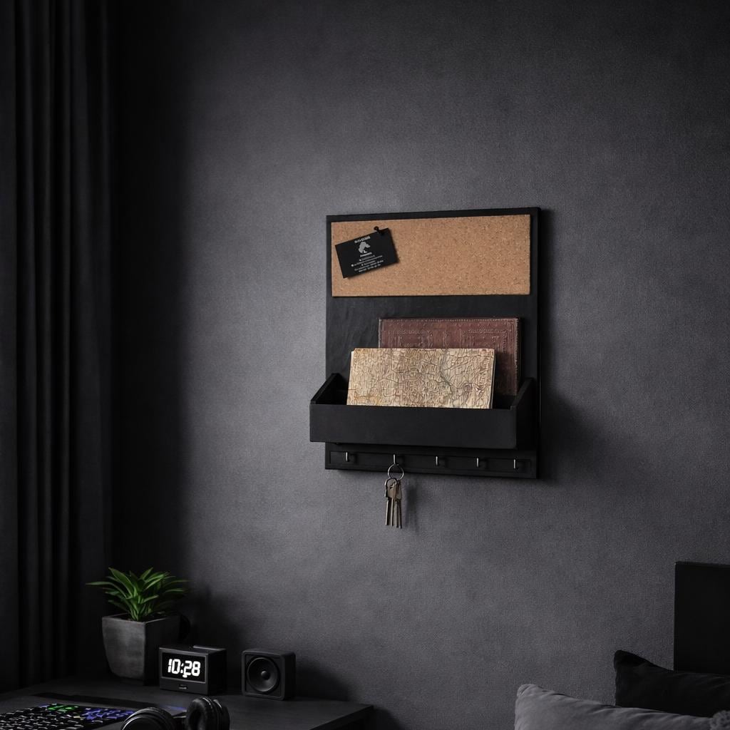 Black Wooden Wall Organizer: A4 Cork Board with Key Hooks - Etsy 日本