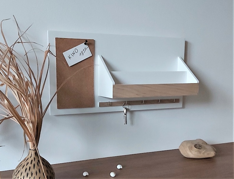 Wooden organizer, on the wall, white, natural oak, A4, cork board, for the office, for the hall, for documents, leaflets, for keys image 4