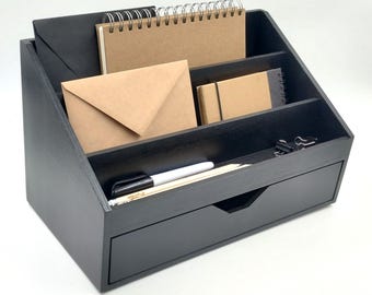 Black Desk Organizer with Compartments – Mail & Notebook Holder, Gift for him