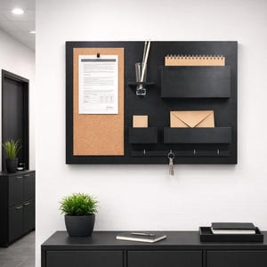Organisateur mural - en bois, noir, sur le mur, cintre pour clés, courrier, tableau d'affichage, 24,8 "x 17,9",