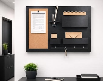 Wall Organizer with Cork Board | Black Entryway Organizer | Mail Holder, Key Rack,