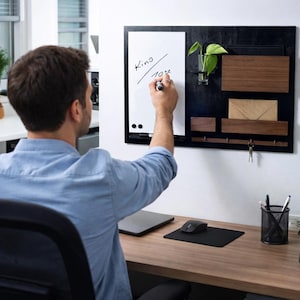 Wandopberger, magneetbord + droog uitwisbaar bord, zwart + walnoot,