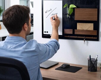 Wall organizer, magnetic board + dry erase board, black + walnut,
