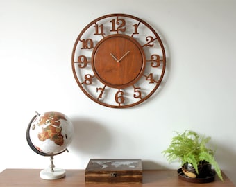 Large WOODEN CLOCK, wall clock, silent, clear, warm walnut,