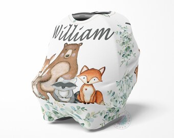 Woodland Animals Baby Car Seat Canopy Cover Eucalyptus Greenery Leaves Baby Shower Gift Shopping Cart Highchair Nursing Privacy Cover C105
