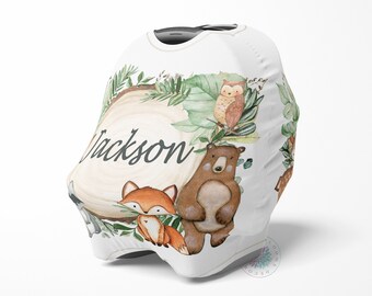Woodland Animals Baby Car Seat Canopy Cover Eucalyptus Greenery Leaves Baby Shower Gift Shopping Cart Highchair Nursing Privacy Cover C105