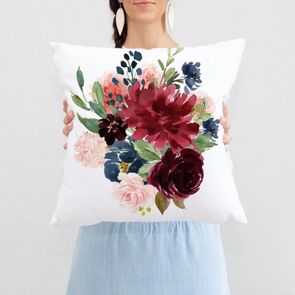 Burgundy Red Blush Pink Navy Floral Throw Pillow, Watercolor Flowers Roses Nursery Pillow Baby Bedroom Room Decor Cushion   P284