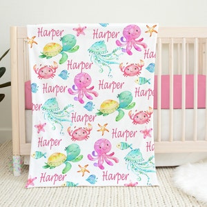 Sea Animals Baby Girl Name Blanket, Personalized Watercolor Turtle Octopus Under The Sea Baby Shower Gift Nursery  Blanket  B1590