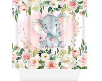 Elephant Floral Shower Curtain Blush Pink Coral Watercolor Flowers  Baby Girl Bathroom Decor S172