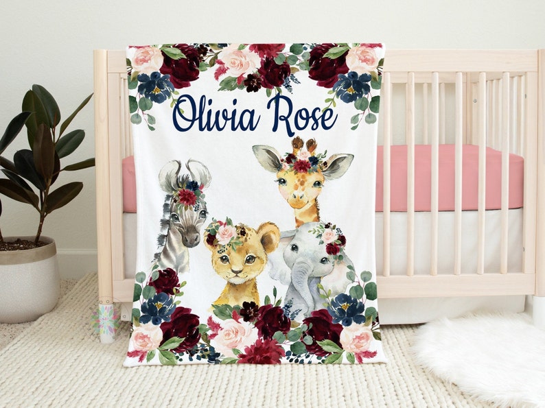 Safari Animals Baby Girl Name Blanket Burgundy Red Navy Blush - Etsy