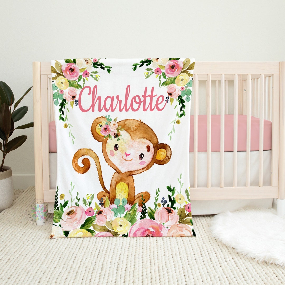 Monkey Floral Baby Girl Name Blanket Personalized Blush Pink Yellow ...