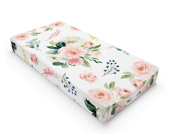Blush Pink Floral Changing Pad Cover, Watercolor Blush Pink Roses Newborn Baby Girl Flowers Shower Gift Nursery Bedding C149