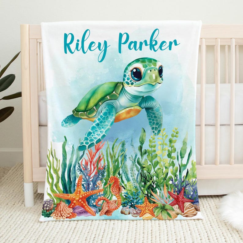 Sea Turtle Baby Blanket, Personalized Boy Girl Ocean Blanket, Under the ...