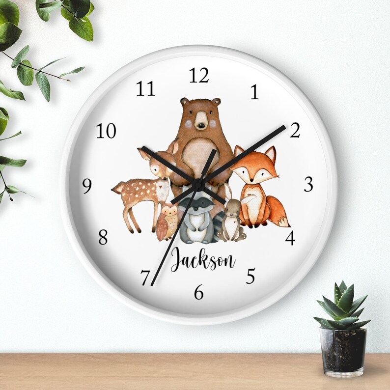 Woodland Animals Wall Clock, Animals Name Nursery Wall Clock, Girl Boy ...