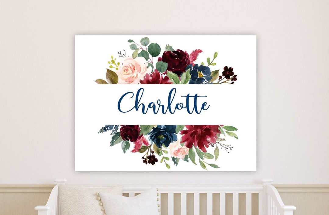 Floral Girl Nursery Wall Art Burgundy Red Blush Pink Navy Blue Flowers ...