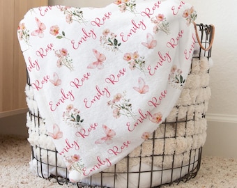 Wildflower Baby Blanket, Personalized Pink Floral Butterflies Girl Blanket, Custom Wild Flower Name Blanket, Baby Shower Gift B1752