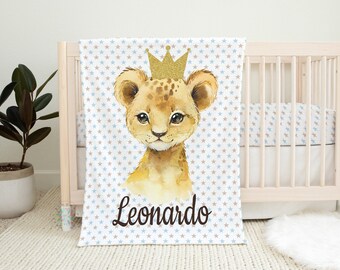 Lion Baby Boy Name Blanket, Personalized Baby Blanket Lion Crown Blue Stars Baby Shower Gift Lion Nursery   B1499