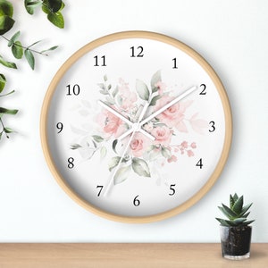 Floral Wall Clock, Blush Pink Watercolor Flowers Nursery Wall Clock, Baby Girl Bedroom Wall Decor T160