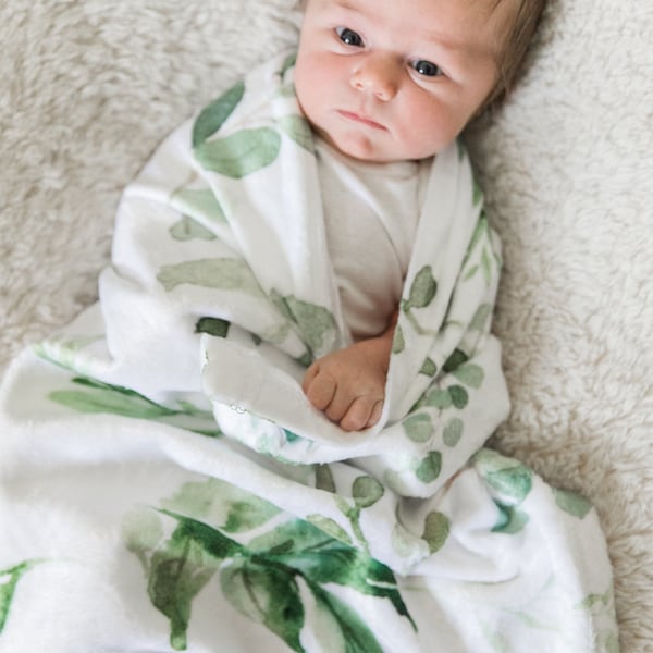 Eucalyptus Green Leaves Baby Blanket Watercolor Greenery Gender Neutral Girl Boy Newborn Gift Baby Shower Gift Swaddle Fleece 905