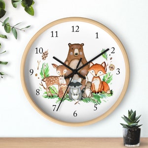 Woodland Animals Wall Clock, Watercolor  Nursery Wall Clock, Girl Bedroom Decor, Woodland Forest Animals Nursery Decor Fox Bear DeerT114