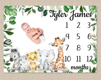 Safari Animals Milestone Blanket, Personalized Monthly Growth Blanket Jungle Boy Tropical Greenery Leaves Newborn Baby Shower Gift B1536
