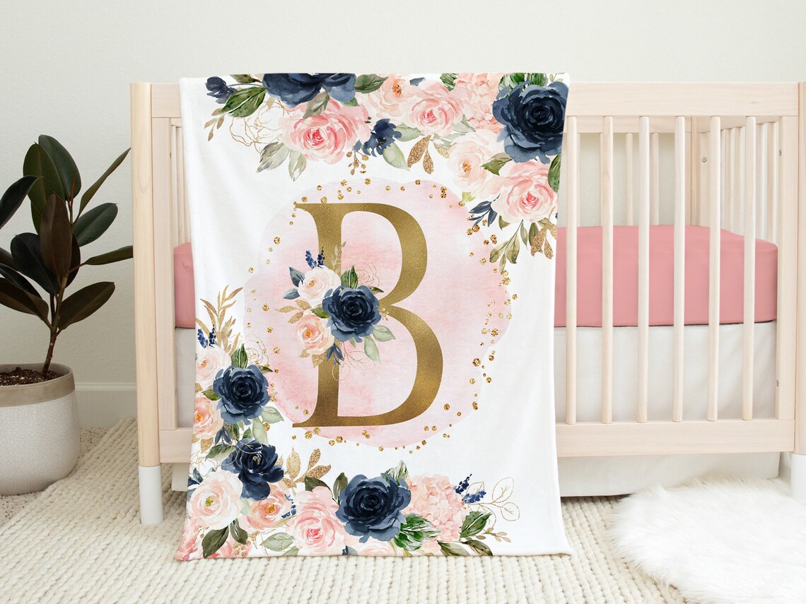 Floral Girl Name Blanket Blush Pink Navy Blue Gold Coral Flowers ...