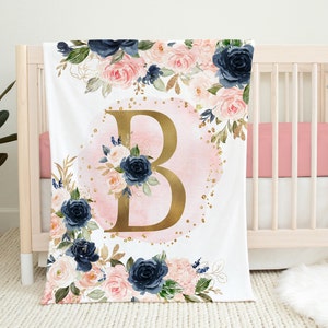 Floral Girl Name Blanket Blush Pink Navy Blue Gold Coral Flowers Newborn Baby Girl Personalized Baby Shower Gift   B1422