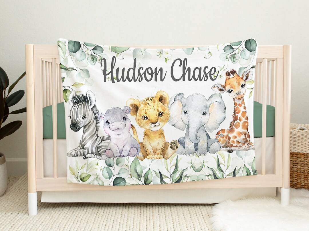 Safari Animals Boy Blanket, Baby Personalized Name Jungle Zoo ...