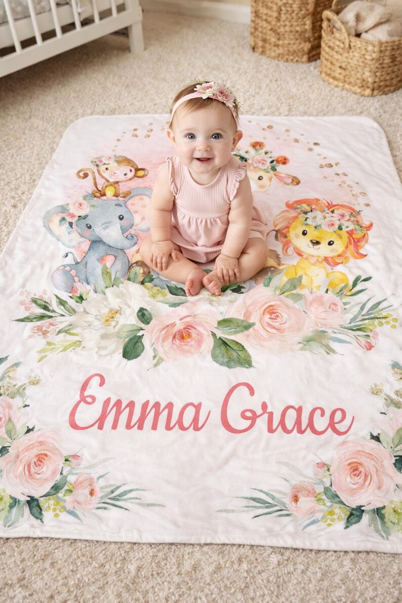 Personalized Safari Animals Baby Girl Blanket – Floral Jungle Nursery ...