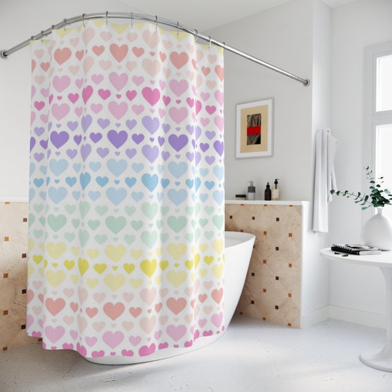 Rainbow Hearts Kids Shower Curtain Pastel Purple Pink Teal Blue Yellow  Green Baby Girl Bathroom Decor Bath Mat S164 