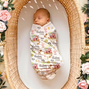 Farm Animals Swaddle Blanket, Personalized Baby Boy Blanket, Farmhouse Cow Horse Sheep Pig Chicken Barnyard, Baby Shower Gift B1652