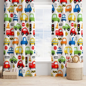 Transportation Window Curtains,Baby Boy Nursery Drapes, Trucks Cars Traffic Signals Boy Kids Bedroom  Window Panels SHEER OR BLACKOUT W113