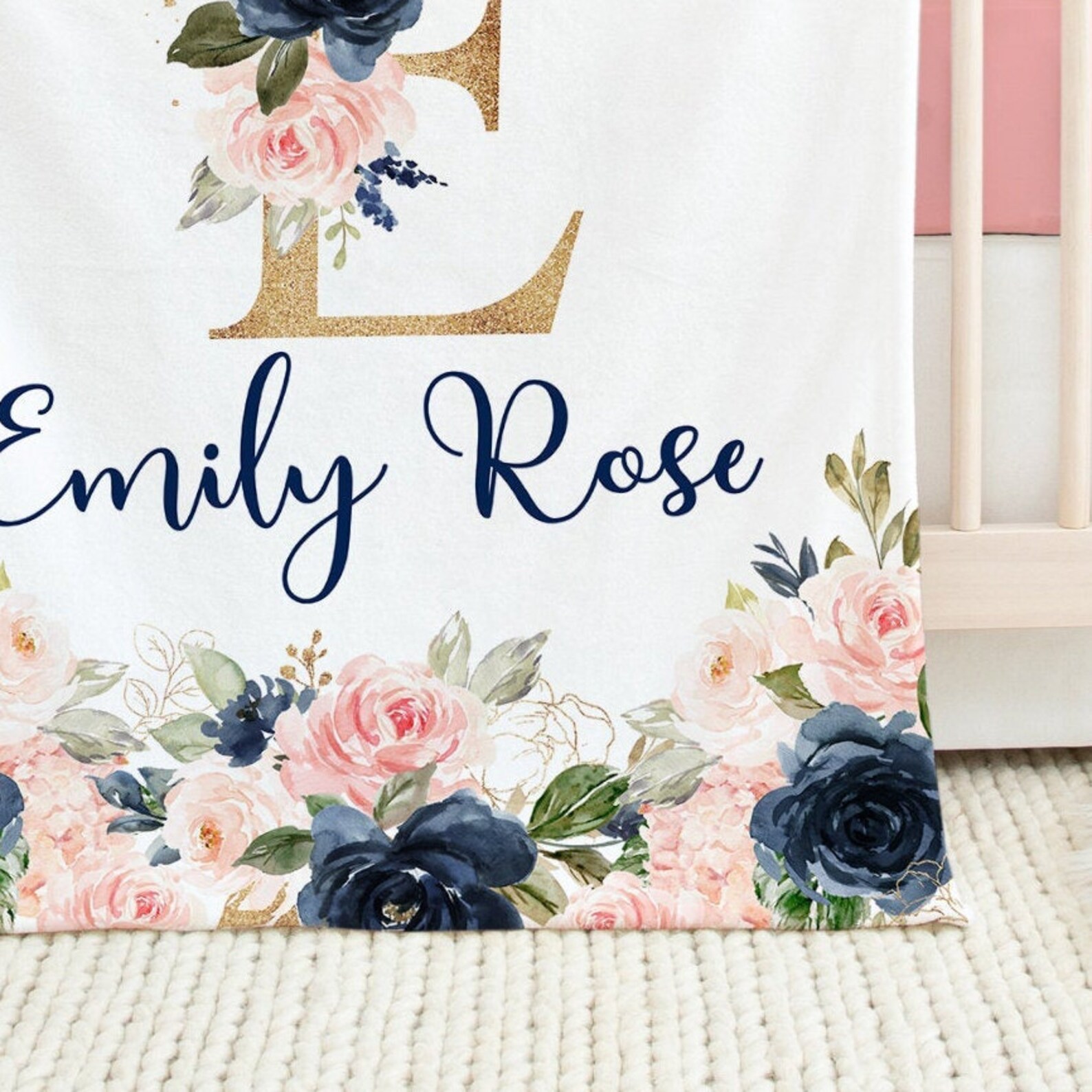 Floral Girl Name Blanket Blush Pink Navy Blue Gold Coral Flowers ...