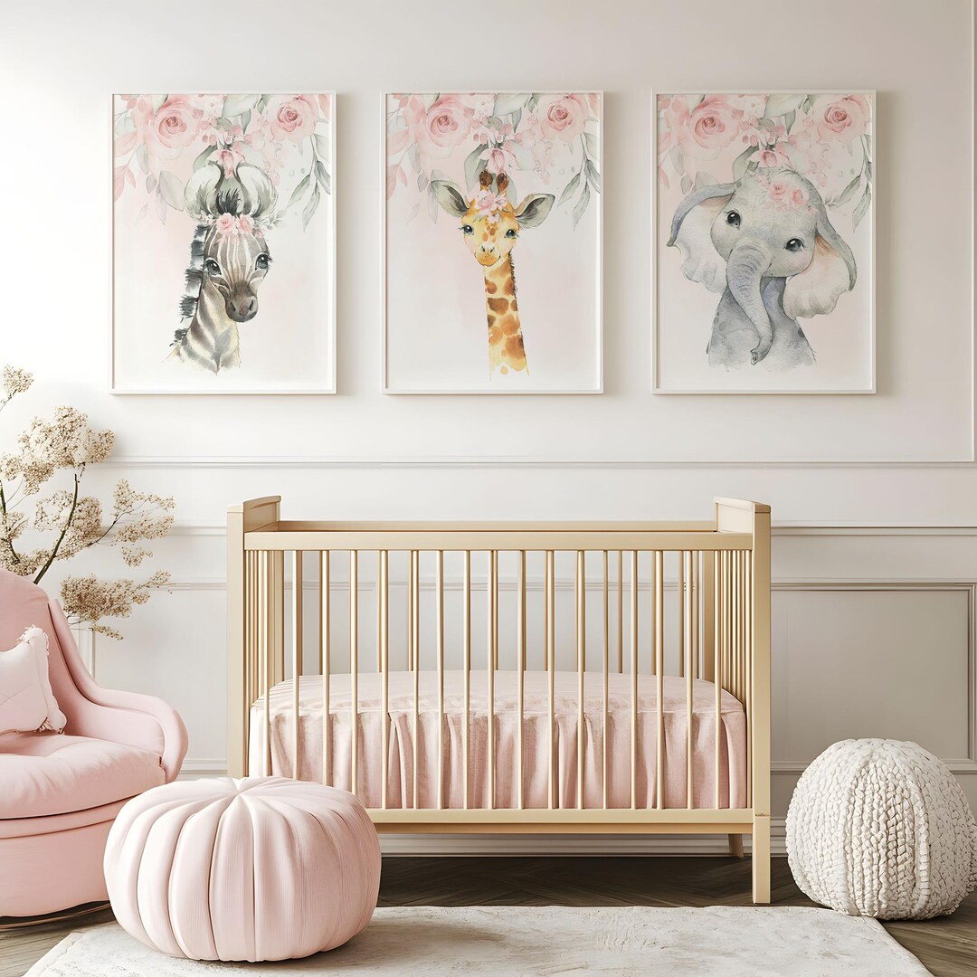Safari Animals Floral Nursery Wall Art, Blush Pink Flowers Roses ...