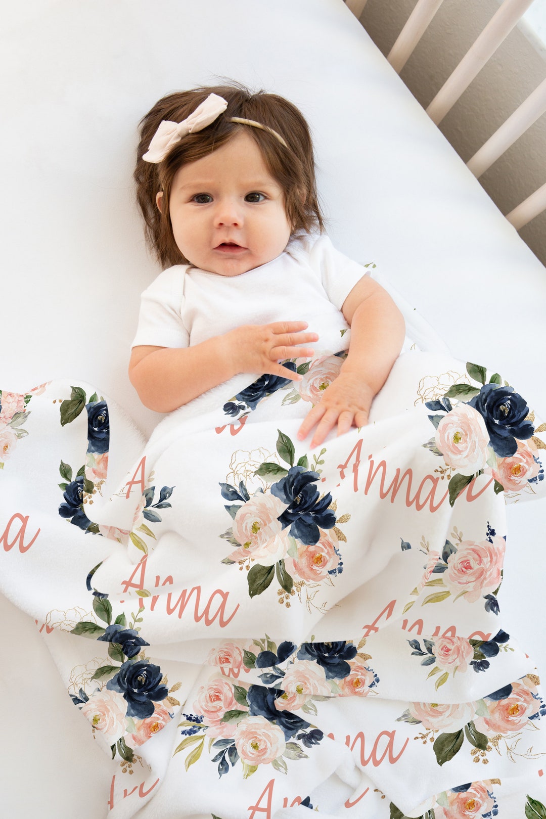Floral Baby Girl Name Blanket Blush Pink Navy Blue Watercolor Flowers ...